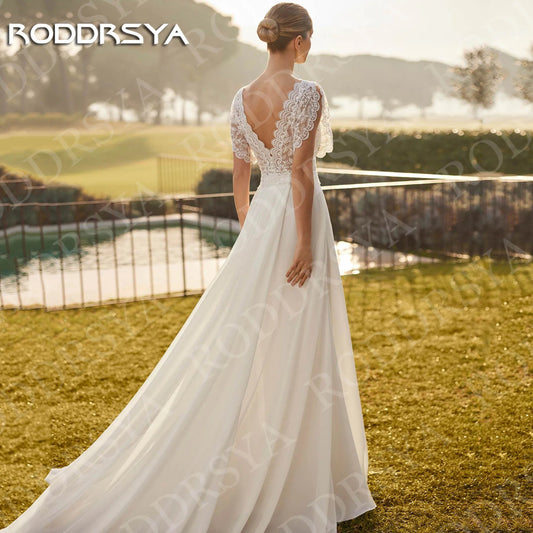RODDRSYA Elegant Bohemian Wedding Dress Lace Short Sleeve Chiffon A Line Bridal Dresses Backless Customized robe mariage 2026 Good Vibrations