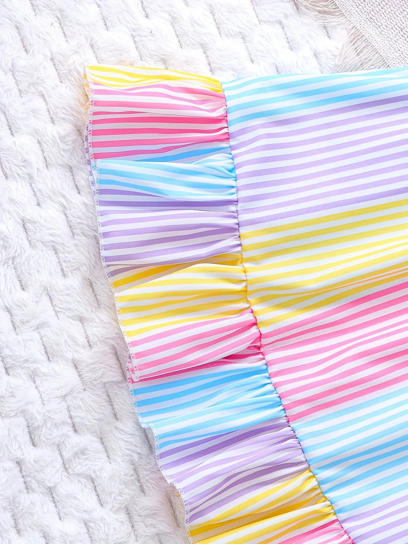 Girls' Summer Colorful Striped Ruffle Hem Dress Children's Summer Vacation Beach Play Suspender Dress Good Vibrations