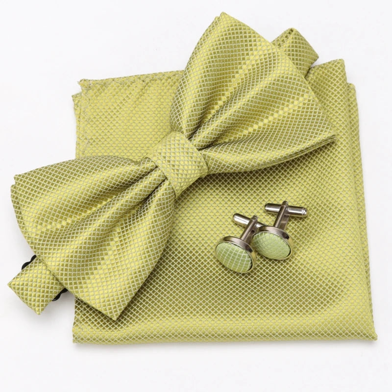Men Bowtie Set 3pcs Plaids Classic Fashion Wedding Party Formal Cufflinks Bow Tie Handkerchief Cuff Links Lots Three Piece Set Good Vibrations