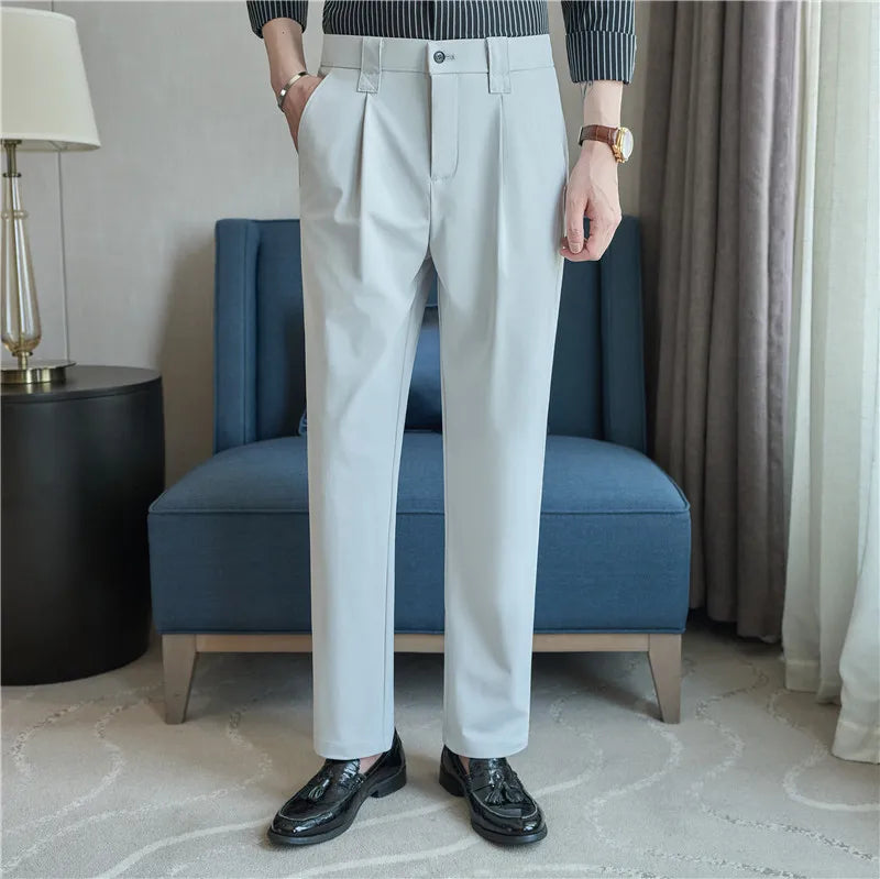 Men Straight Leg Suit Pants Summer Ice Silk Lightweight Elastic Waist Casual Loose Wide-leg Trousers Dress Pants Men Clothing