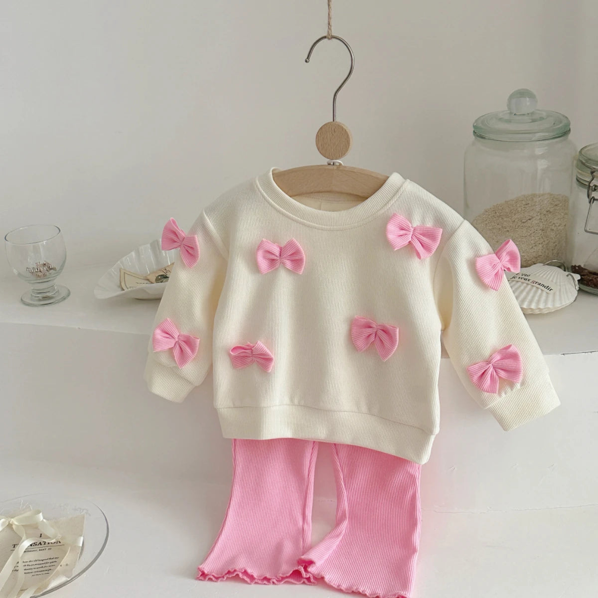 2025 Spring Autumn New Kids Cute Bowknot Long Sleeved Outfit Set Baby Boy Girl Cartoon Casual Tracksuit Pink Flared Pants Suit Good Vibrations
