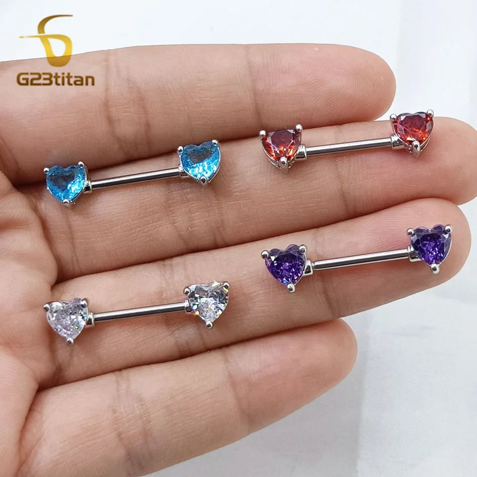 G23titan 2pcs Double Heart Zircon Nipple Rings 14G Titanium Or Steel Barbell Women Nipple Piercing Summer Jewelry Sexy Accessory Good Vibrations Adult Super Store