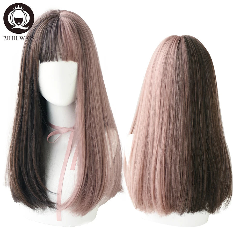 7JHHWIGS Long Wavy Synthetic Black Wigs For Women With Fringe Fashion Heat Resistant Mid-Length Daily Straight Light Brown Hair Good Vibrations