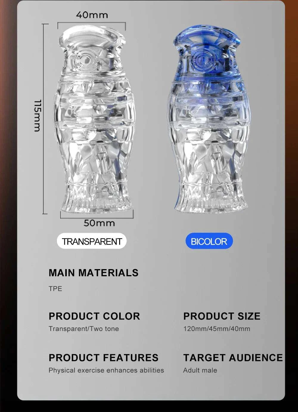 Male masturbator cup with transparent and bicolor designs, made of TPE, shown on a product info card.