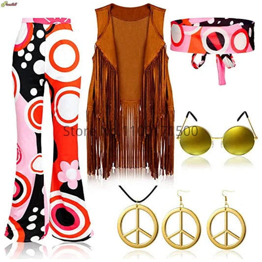 Halloween Hippie Costume Women's Set for Carnival 70s Clothing Accessories Six-Piece Set Tassel Vest+Pants+Headband Set Good Vibrations