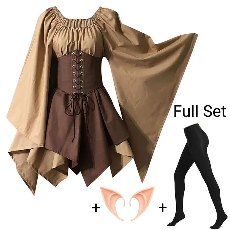 Medieval Costume Women Renaissance Medieval Dress Fairy Elf Traditional Irish Viking Costume Elf Ear for Halloween Party Good Vibrations