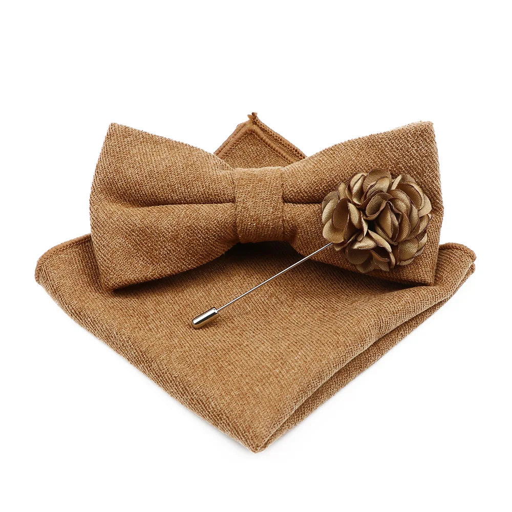 Mens Solid Color Cotton Bowtie Pocket Square Brooch Sets Pink Blue Super Soft Suede Bow Tie Handkerchief For Wedding Party Gift Good Vibrations