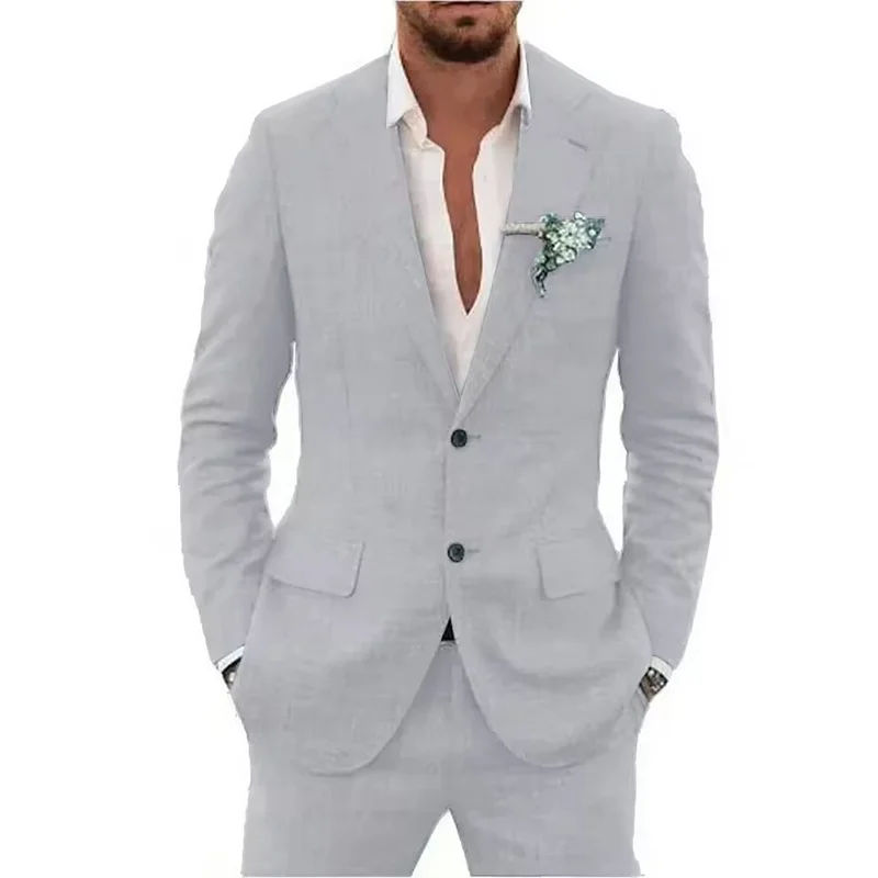 Summer Casual Linen Suit for Men 2 Pieces Blazer Pant Set Notched Lapel Formal Slim Fit Wedding Suit Prom Suits Groom Tuxedo Good Vibrations