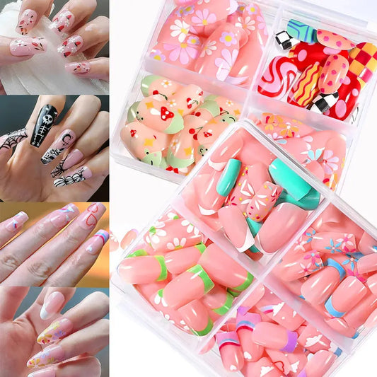 96Pcs Halloween Press on Nails Almond & Coffin Blood Red Nails with Skeleton Fake Nails Design Full Cover Artificial False Nails Good Vibrations