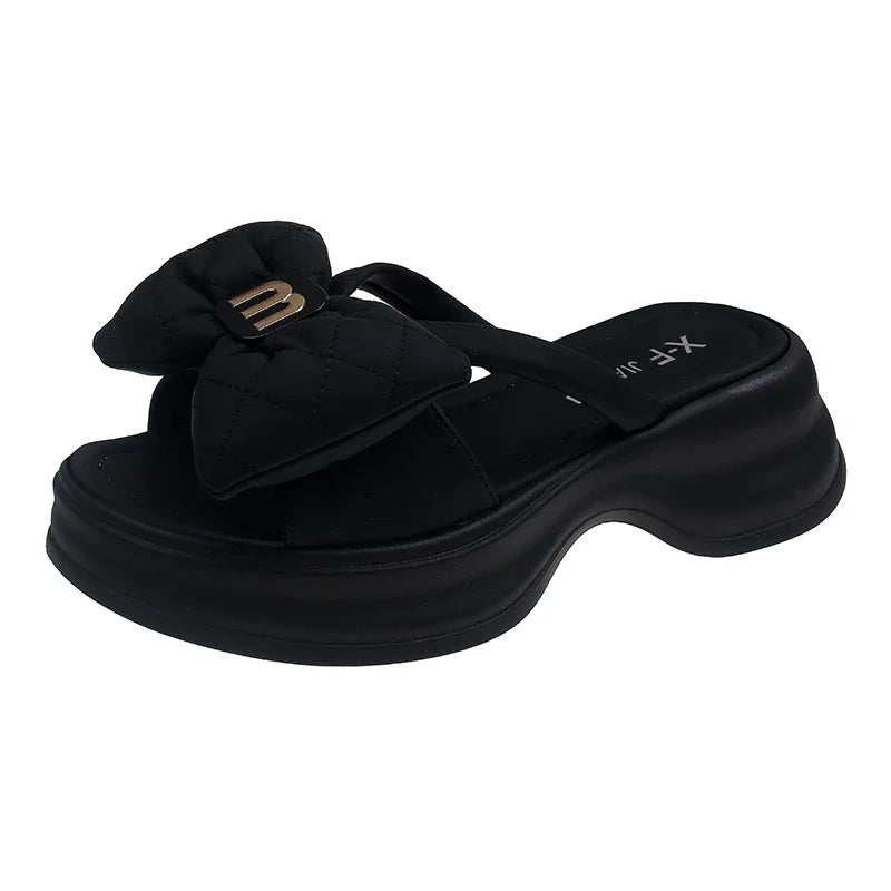 Women's Sandals New Korean Edition Casual Beach Shoes Versatile Thick Sole Shoes Bow Slippers Women's Outwear Summer Good Vibrations
