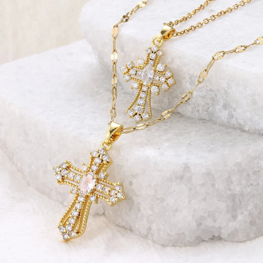 Women's European & American Retro Cross Pendant Necklace Stainless Steel Collarbone Chain Fashionable Light Luxury Jewelry Good Vibrations