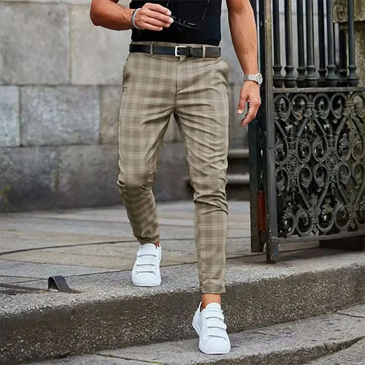Suit Pant Men Long Pants Plaid Mid Waist Simple Slim Fit Zipper Splice Casual Regular Autumn Winter 2024 Straight Trousers Good Vibrations