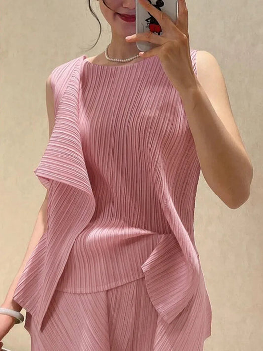 Women's Two-Piece Set: Pleated Blazer with Sleeveless Patchwork T-Shirt and Elasticated Waist Wide-Leg Stretch Trousers Good Vibrations
