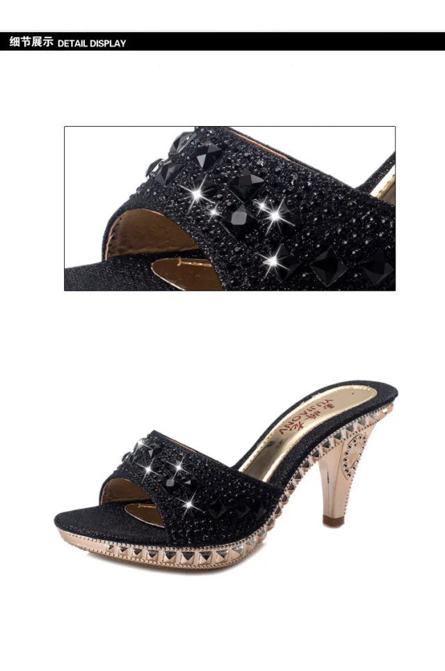 Summer Women Sandals Rhinestone Women Shoes Sexy High Heels Shoe Ladies Sandalias Gold Silver Women Slippers Heeled Sandals Sexy Good Vibrations