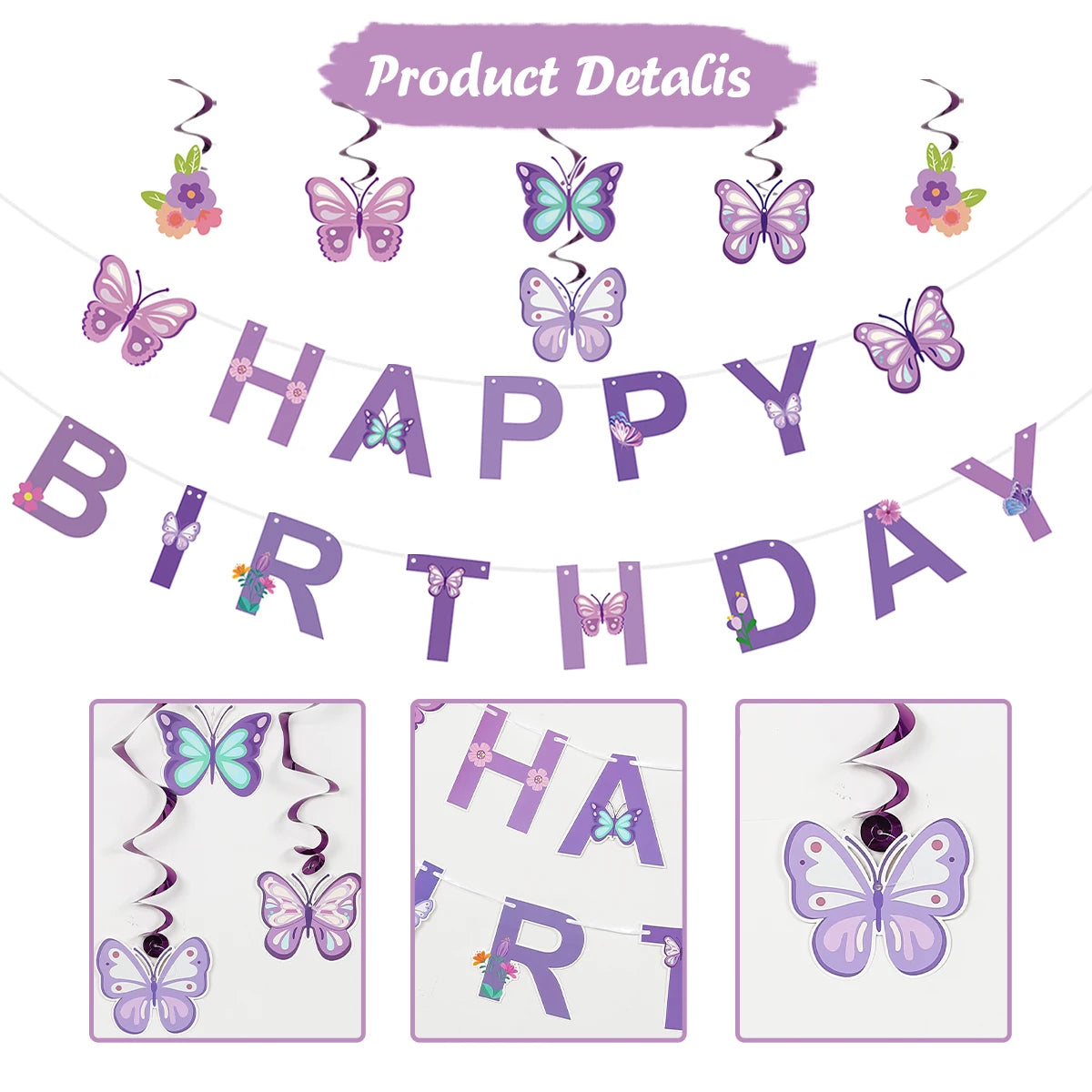 Pink Happy Birthday Banner With Butterfly Dancing Hanging Pendant Garlands  Girls Princess 1st Happy Birthday Party Decorations Good Vibrations