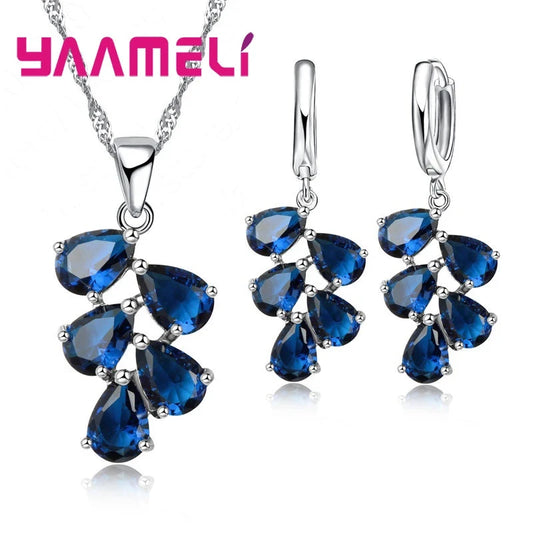 Anniversary Gift For Women Trendy 925 Sterling Silver Color Jewelry Sets Cubic Zirconia Pendants Necklaces Charm Hoop Earrings Good Vibrations Adult Super Store
