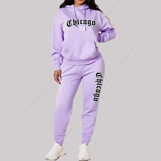 Women's Sets Hoodies Pants 2 Piece Outfits Aesthetic Sportswear Sweatsuit Chicago Graphic Letter Print Plus Size Pink Tracksuit Good Vibrations
