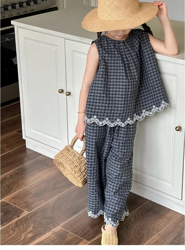 Girls' Summer Outfit New Kids Temperament Plaid Lace Vest+Wide Leg Pants Two-piece Set Trendy Children's Clothing Sets Good Vibrations