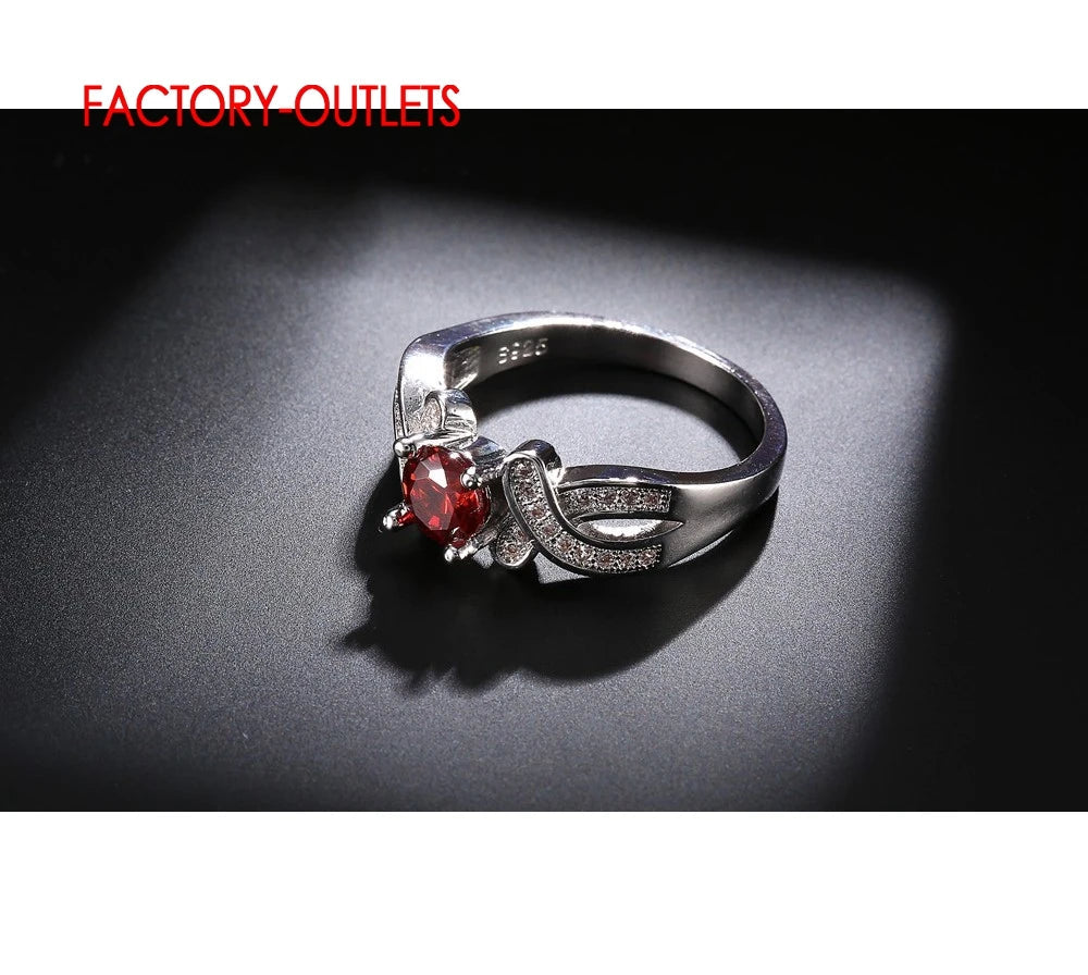 Women's Charm Jewelry Shiny CZ Crystal Genuin 925 Sterling Silver Engagement Ring With Red Stone Fashion Dancing Party Accesorry Good Vibrations