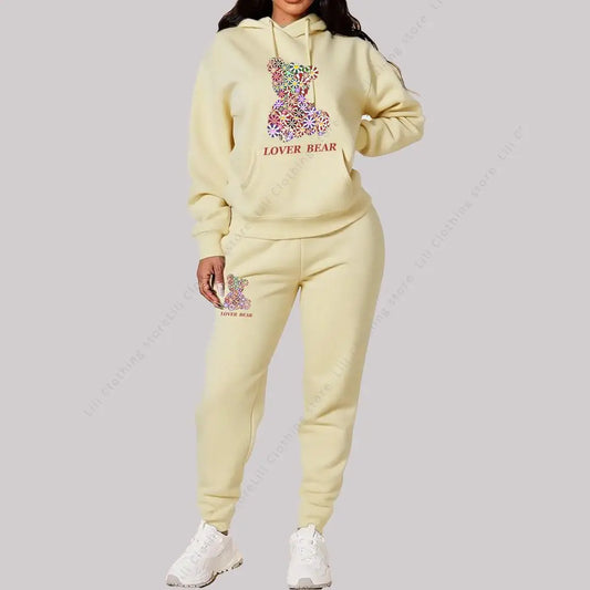 Women's Sets Hoodies Pants Outfits Suit 2025 New Sportswear Sweatsuit Bear Graphic Letter Print Aesthetic Trend Ladies Tracksuit Good Vibrations