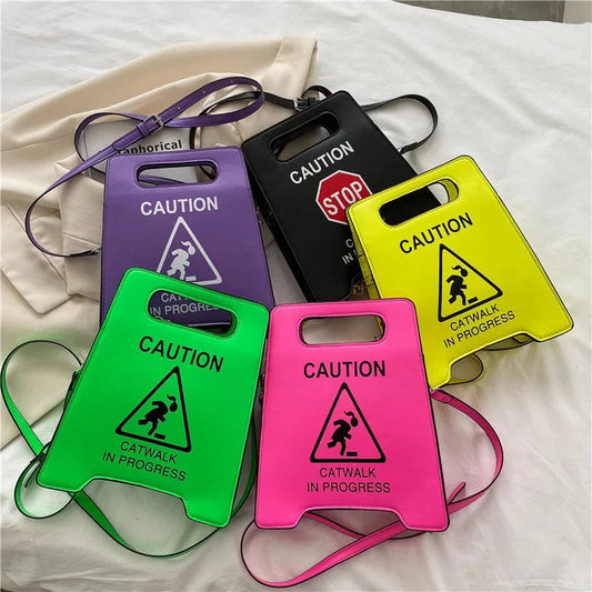 Novelty Stop Sign Purse Tote Pu Leather Handbags Women Fashion Caution Catwalk In Progress Crossbody Bag Messenger Purses Good Vibrations
