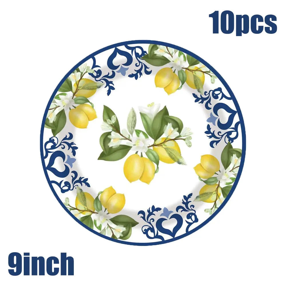 New Blue And White Porcelain Lemon Birthday party Elegant Disposable Tableware Disposable Plates Cups Wedding Adult evjf Party Good Vibrations