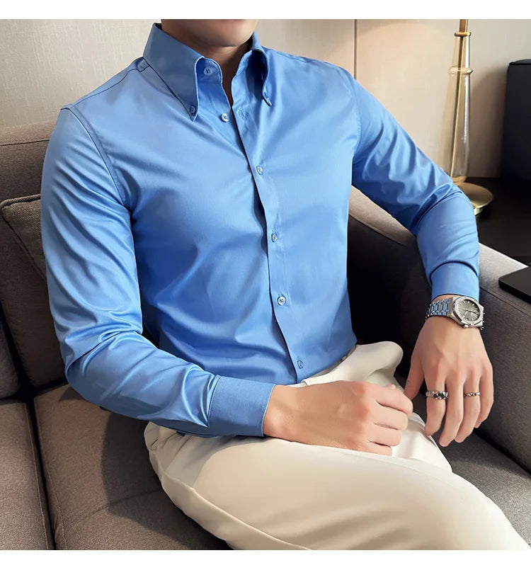 High Quality Versatile Business Casual Shirt Men Korean Fashion Long Sleeved Slim Fit Shirt Office Work Uniform Men Clothing 6XL Good Vibrations
