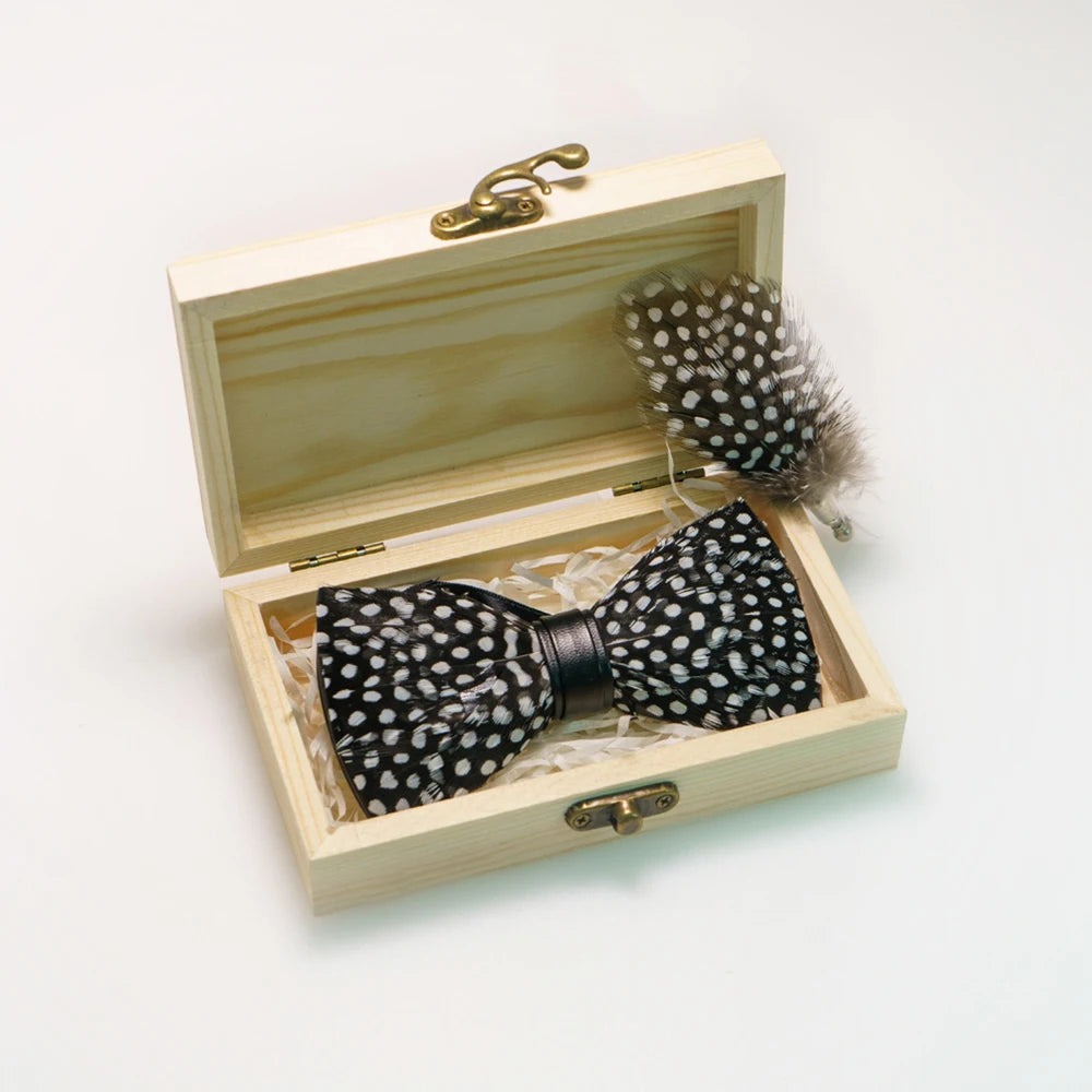 Wedding Bow Tie for Men handmade feather bow tie black white Pre-tied bowtie brooch wooden box Set for Party birthday Gift Good Vibrations