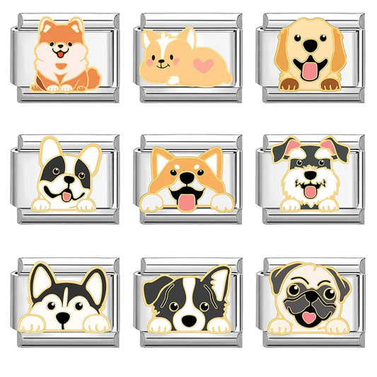 Cartoon Charm Teddy Corgi Shiba Inu Pet Dog Italian Charm Links Fit 9mm Bracelet Stainless Steel DIY Jewelry Making Wholesale Good Vibrations