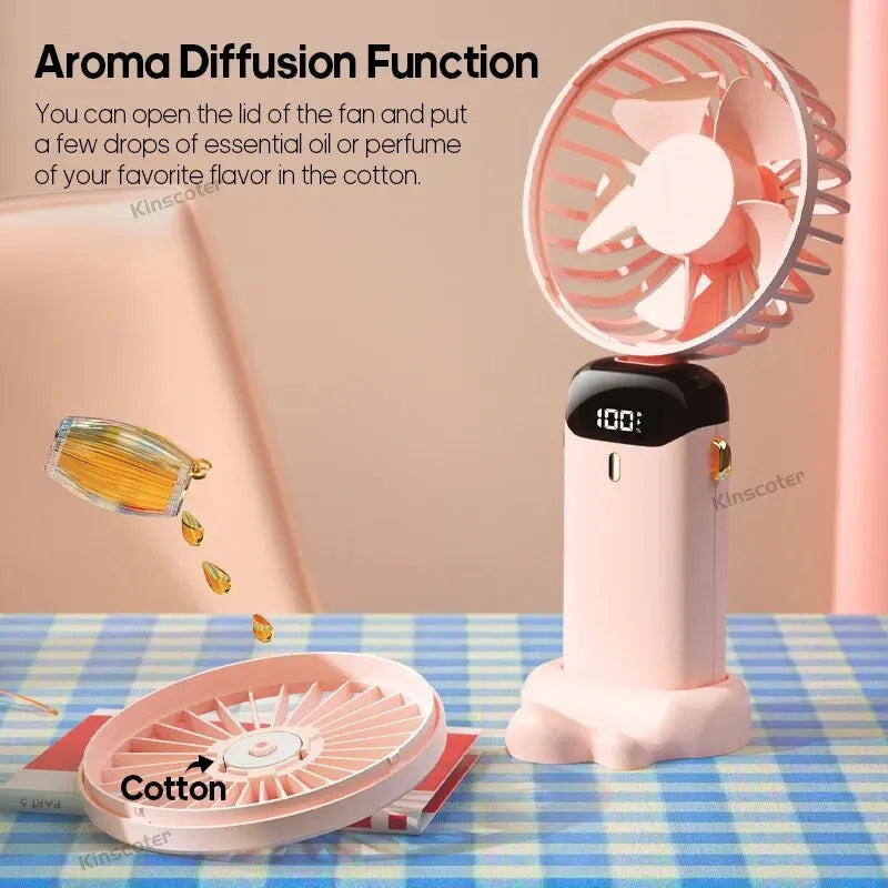 USB Handheld Mini Fan Foldable Portable Neck Hanging Fans 5 Speed Rechargeable Fan with Phone Stand and Display Screen Good Vibrations