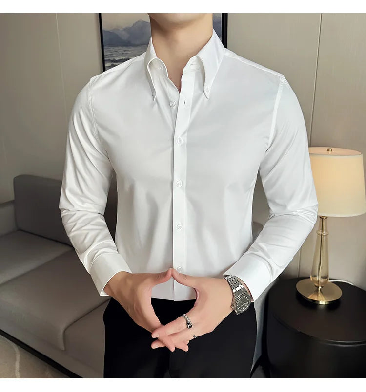 High Quality Versatile Business Casual Shirt Men Korean Fashion Long Sleeved Slim Fit Shirt Office Work Uniform Men Clothing 6XL Good Vibrations