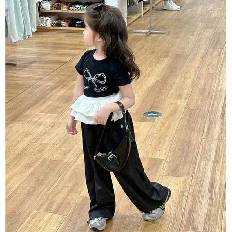 Girls Bow Clothing Sets Children's Fashion Tops Suit Baby Knotbow Short-Sleeve Tops+Pants 2Pcs New Summer Sweet Kids Clothes Good Vibrations