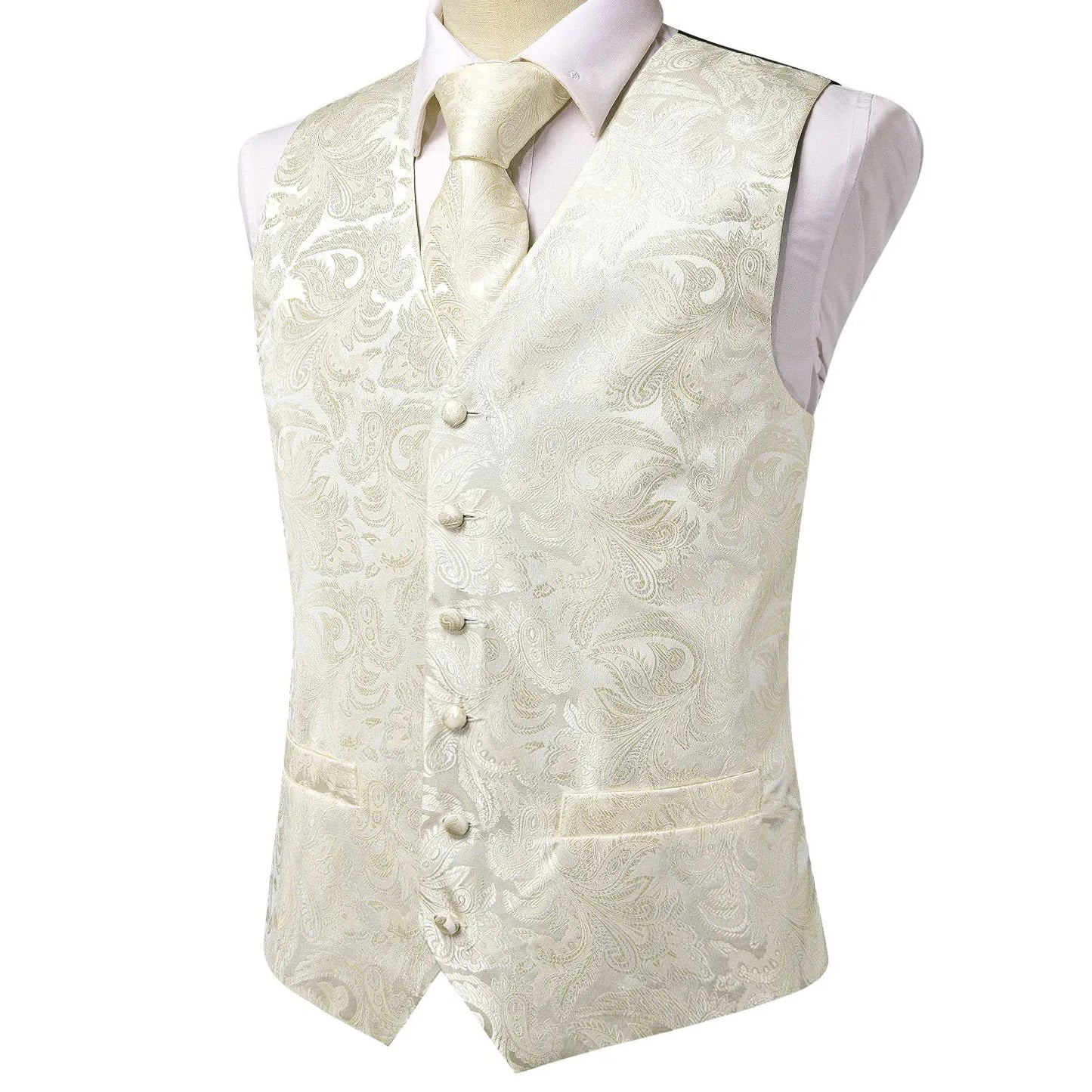 Hi-Tie Black Men Silk Vest Paisley Jacquard Necktie Hankerchief Cufflinks Sets Male Sleeveless V-Neck Waistcoat Business Formal Good Vibrations