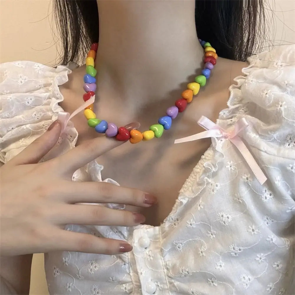Chic Pride Rainbow Necklace Acrylic Love Adjustable Collarbone Chain Neck Jewelry Charm Heart Beaded Necklace Party Supplies Good Vibrations