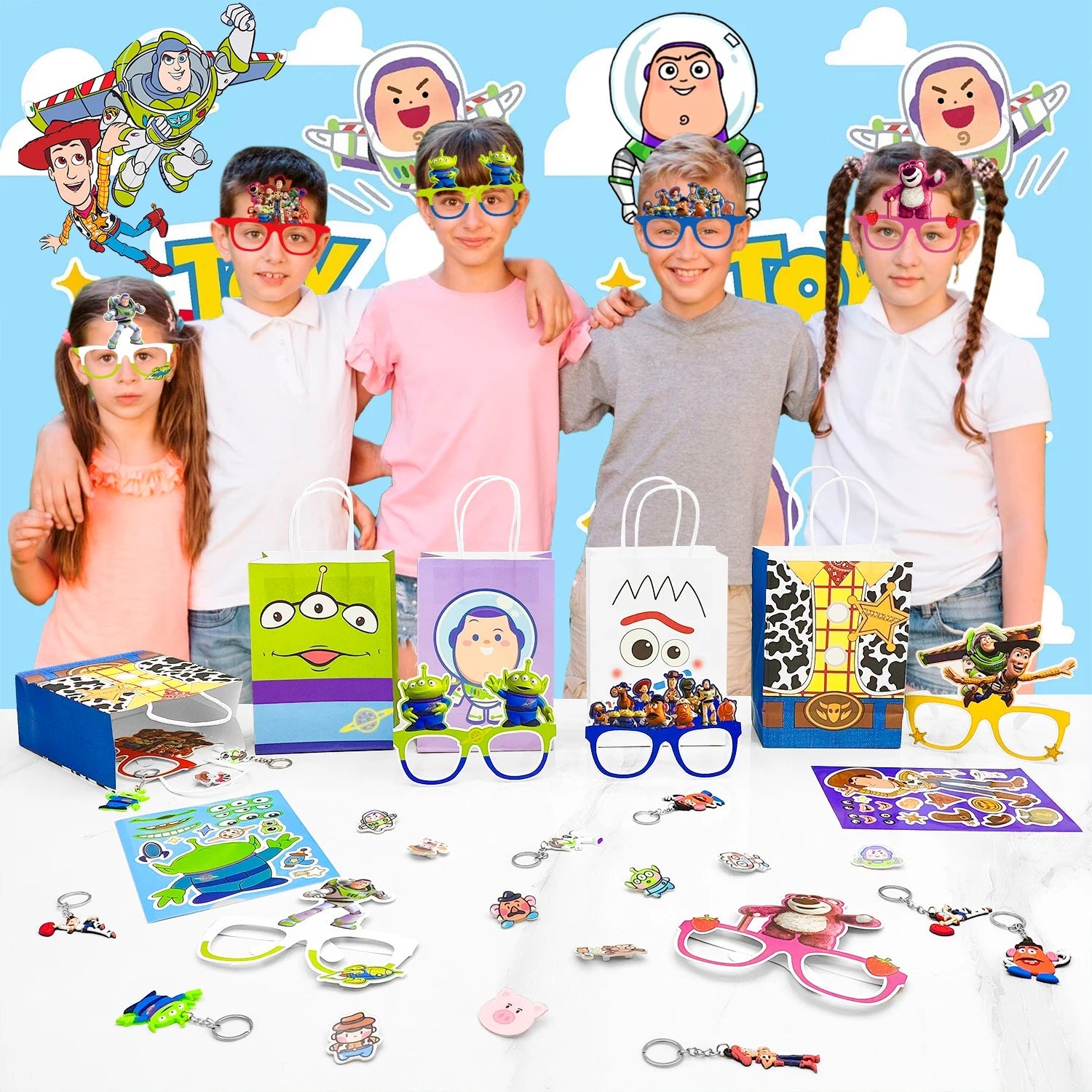 Cartoon Party Favors for Kids, 50pcs Cartoon Birthday Party Favors Set- Cartoon Goodie Bags Key Chains Stickers Photo Props etc Good Vibrations