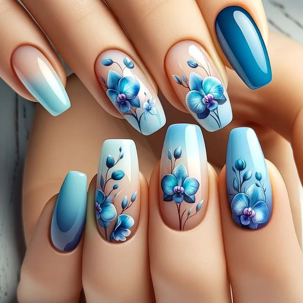 24pcs Golden Stripe Press on Nails Shiny Powder Love Design Long Square False Nails Wearable Full Cover Nail Tips Blue Fake Nail Good Vibrations