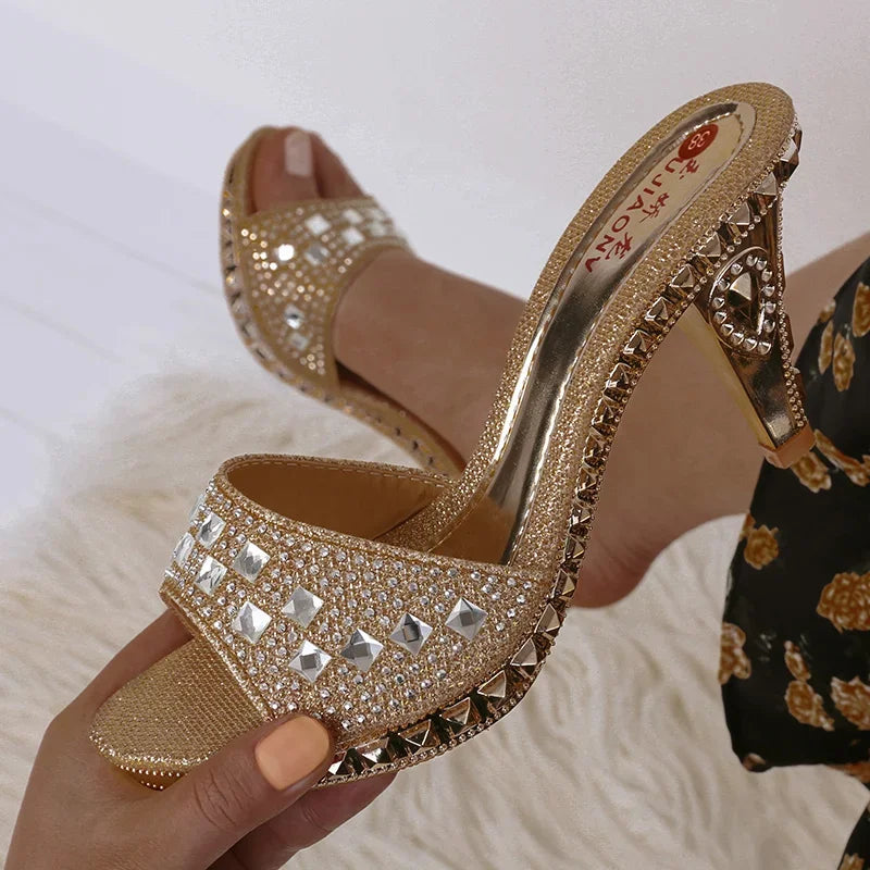 Summer Women Sandals Rhinestone Women Shoes Sexy High Heels Shoe Ladies Sandalias Gold Silver Women Slippers Heeled Sandals Sexy Good Vibrations
