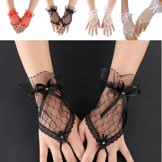Bride Gloves For 2025 Spring Wedding 1 Pair See Through Lace Fingerless Bowknot Banquet Gloves Short Wedding Gloves Elegant Good Vibrations