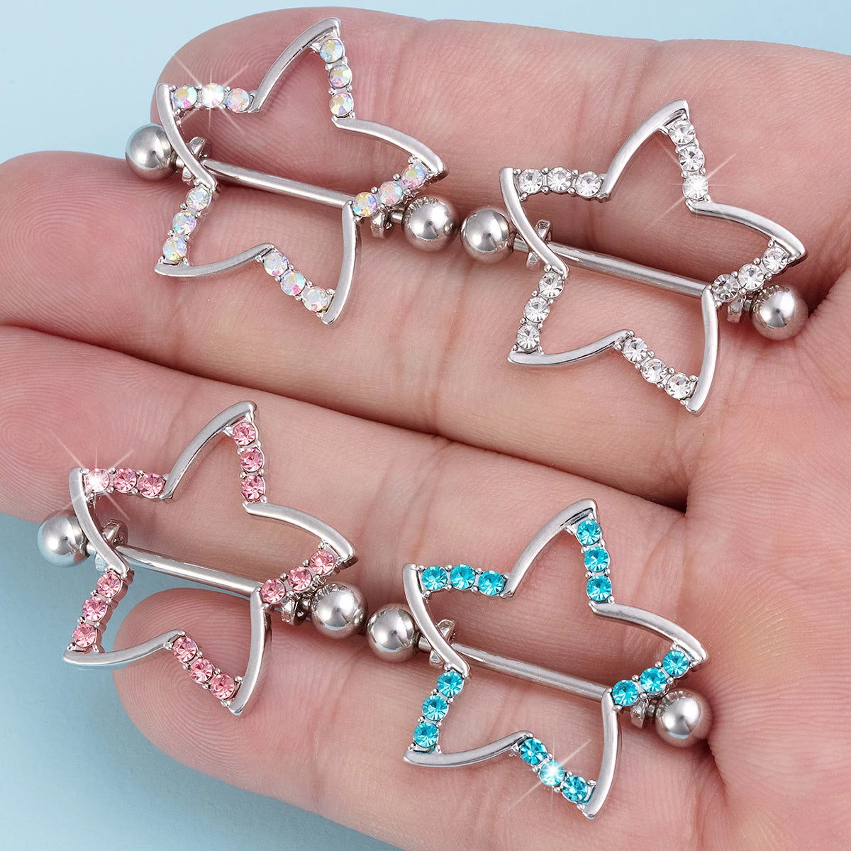 2pcs Nipple Ring Barbell Rhinestone Paved Star Shape Nipplerings Piercing Stainless Steel 14G Nipple Rings Shields Body Piercing Good Vibrations Adult Super Store