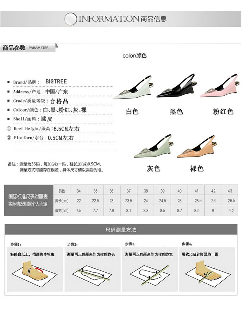 Wedges Women Shoes High Heel Shallow Pointed Toe Hollow Back Straps Patent Leather Triangle Metal Crystal Buckle Pumps Good Vibrations