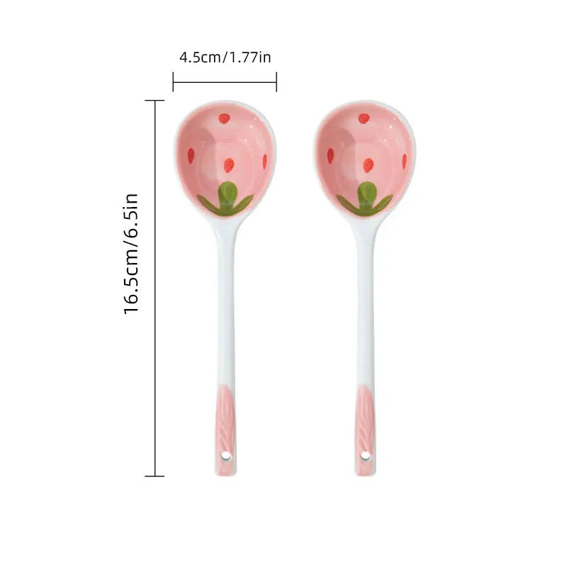 Kawaii Strawberry Ceramic Soup Spoon Cute Korean Ice Cream Hand Painted Coffee Dessert Long Handle Spoon Kitchen Accessories Good Vibrations