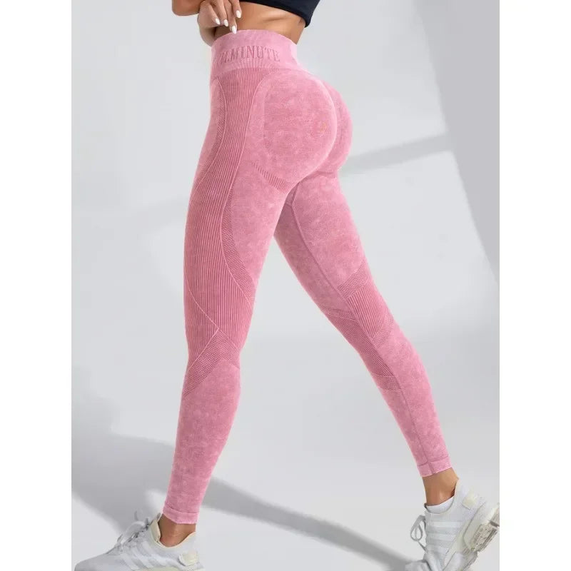 Women Seamless Gym High Waist Yoga Pants Hip Lifting Outdoor Sports Tight Waist Letter Sand Washed Pants Exercise Yoga Leggings Good Vibrations