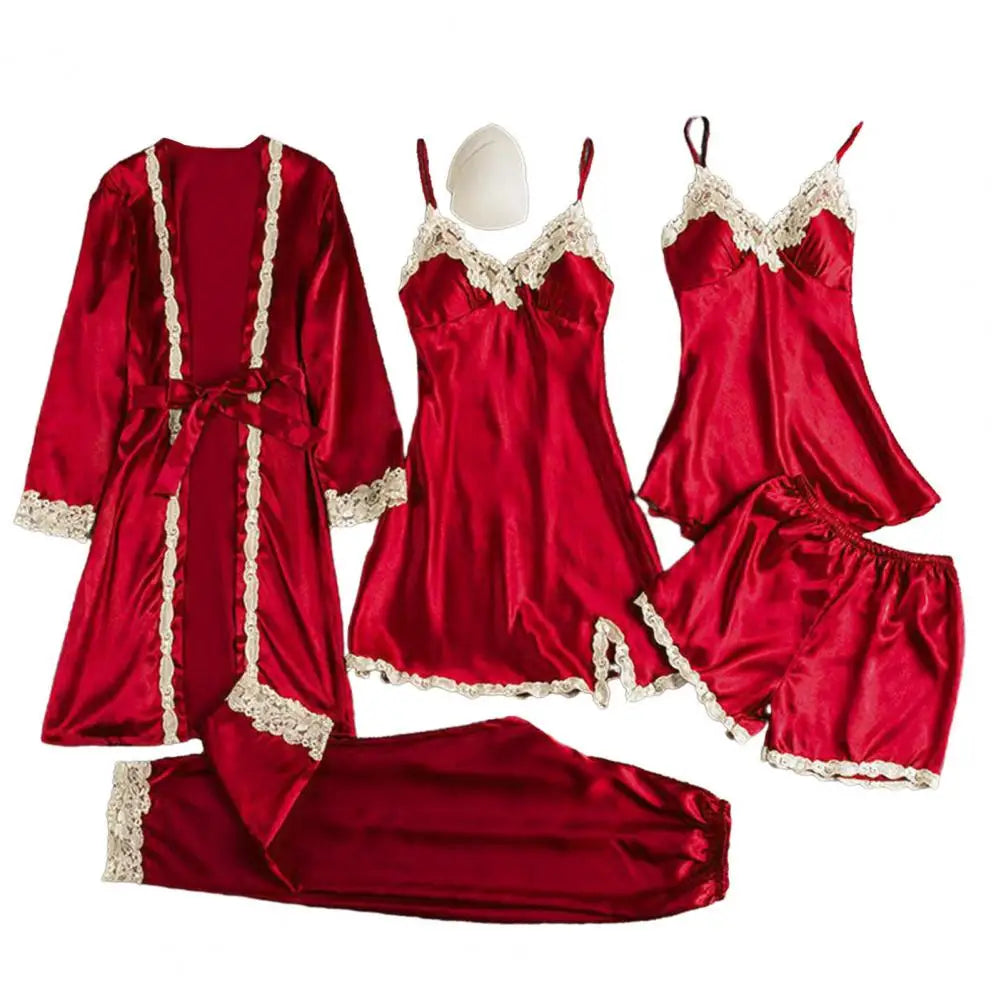5 Pcs/Set Women Pajamas Set Nightgown Nightdress Top Shorts Pants Set Silky Satin Lace Lace-up Waist Thin Homewear Sleepwear Set Good Vibrations