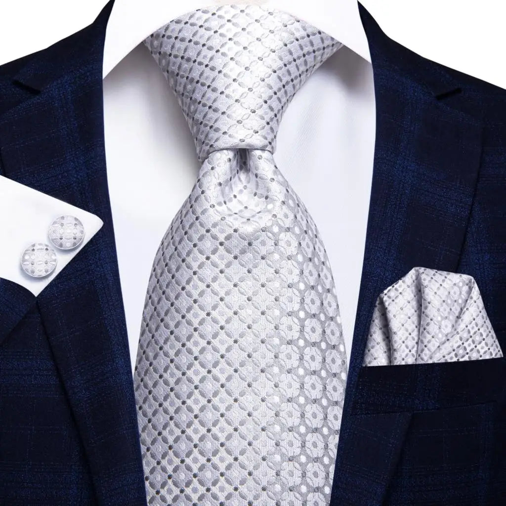 Men's Ties White Sliver Hanky Cufflinks Set Silk Neck ties For Men Wedding Party Business Mens Tie 2022 New Fashion Brand Hi-Tie Good Vibrations