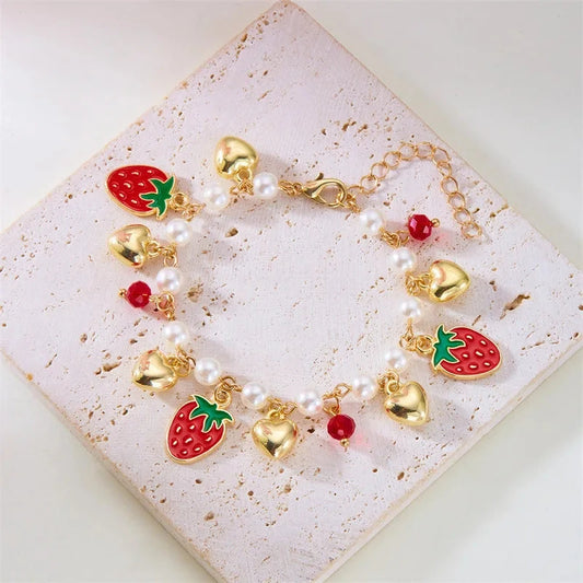 Charm Red Strawberry Bracelet for Women Cute Cherry Heart Shape Fruit Pearl Metal Chain Wristband Girls Party Friendship Jewelry Good Vibrations