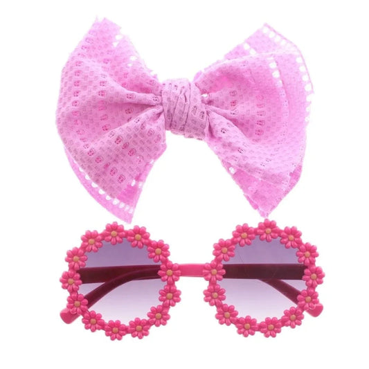 2pcs/set Soft Elastic Children Bowknot Headband Cotton Solid Color Baby Bows Turban Wide Kids Sunglasses Set Girls Headdress Good Vibrations
