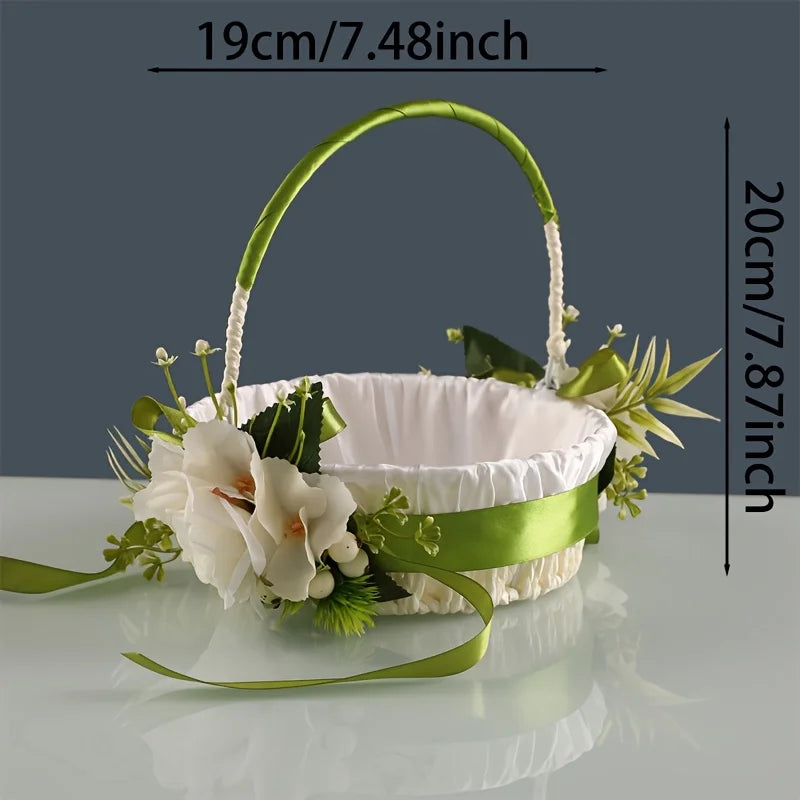 Elegant country-style wedding flower girl basket, decorated with green leaves and bows, suitable for ceremonies and photography Good Vibrations