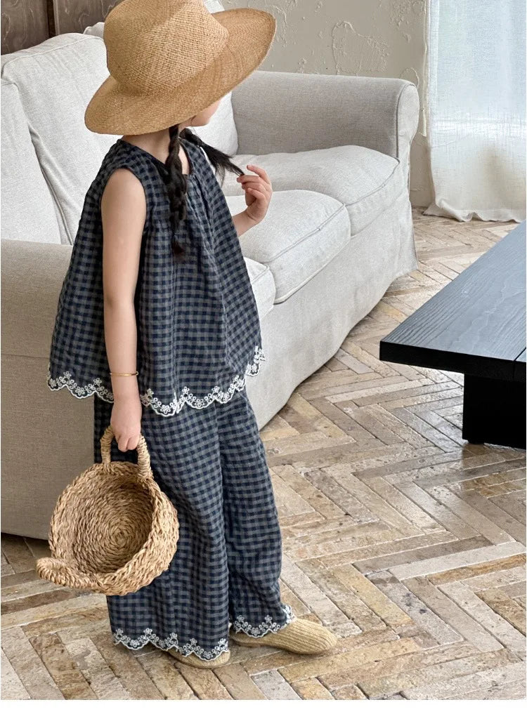Girls' Summer Outfit New Kids Temperament Plaid Lace Vest+Wide Leg Pants Two-piece Set Trendy Children's Clothing Sets Good Vibrations