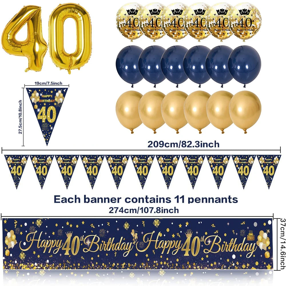 30th/40th/50th/60th/70th Birthday Decorations Men Women Birthday Balloon Garland Kit Happy Birthday Banner Blue Gold Balloon Good Vibrations