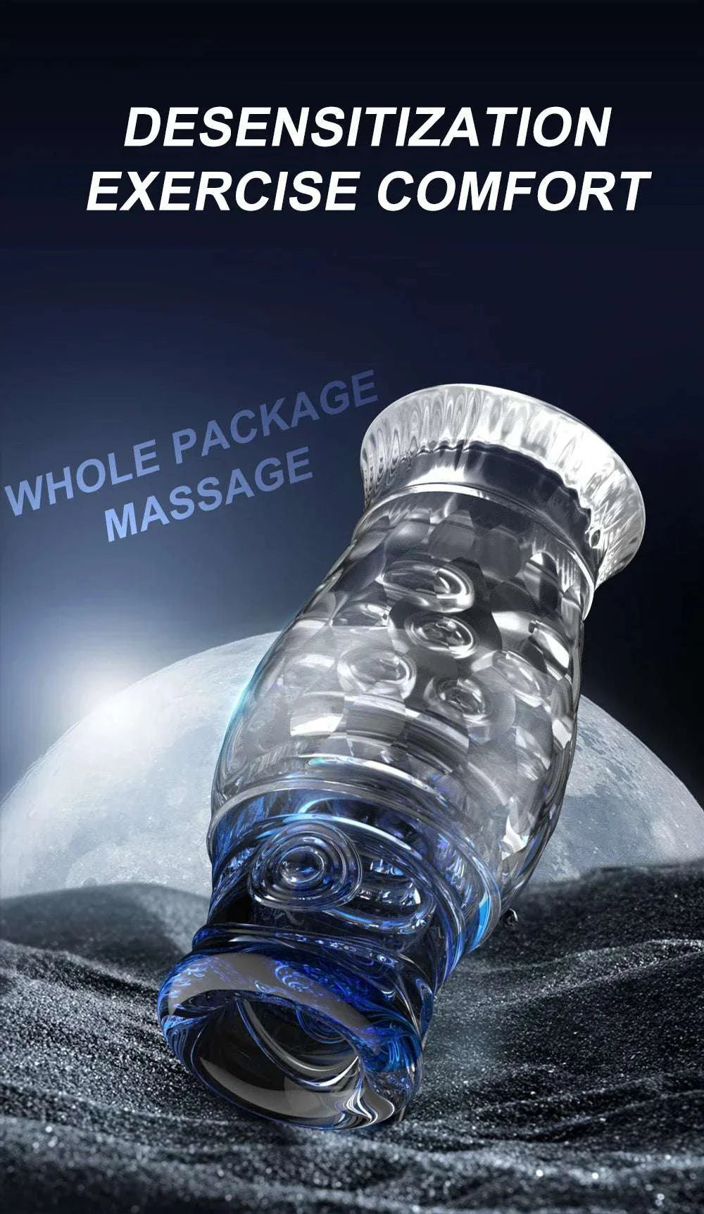 Male masturbator cup in transparent silicone for desensitization exercise and comfort.